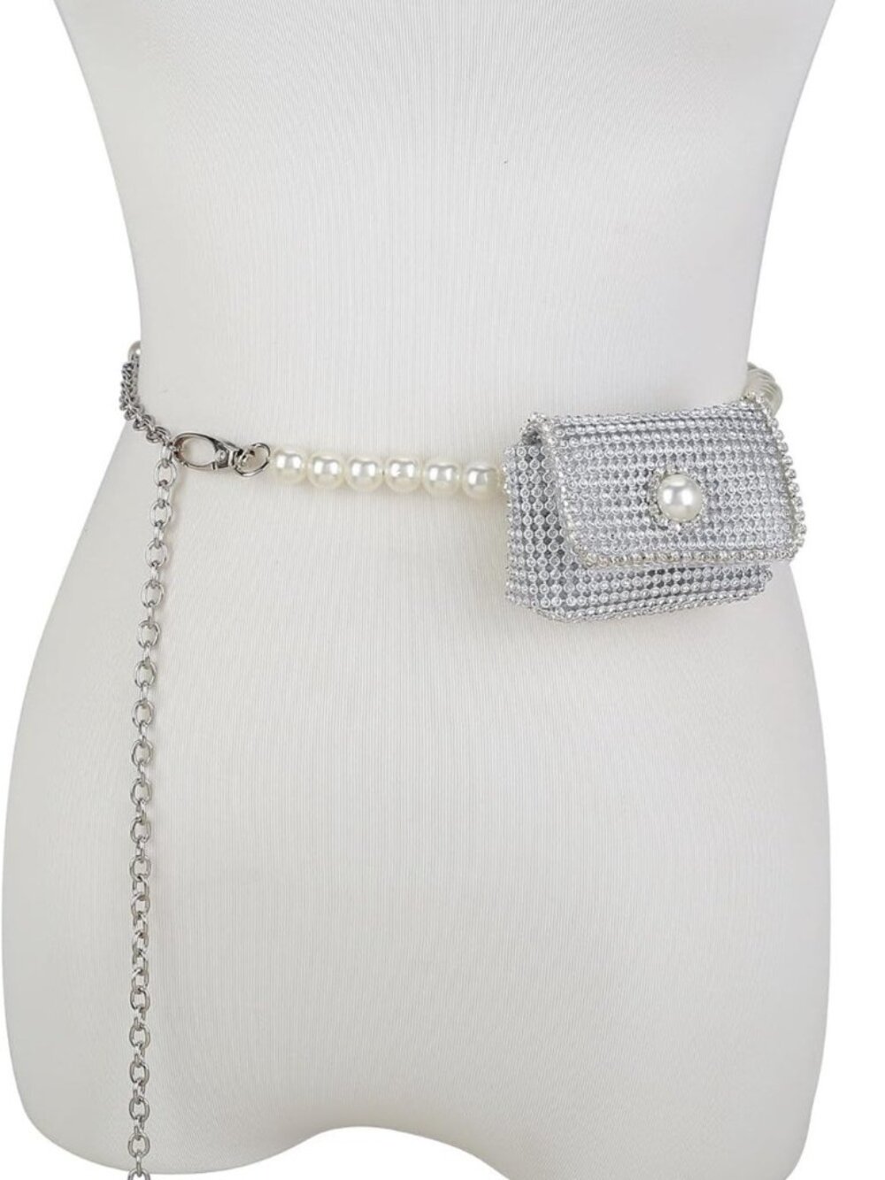 Pearl Beaded Rhinestone Belt Bag, Silver Crystal Mini Waist Bag